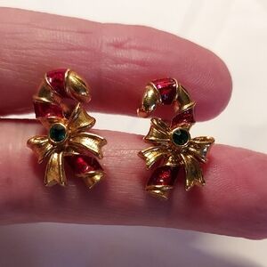 Avon Gold Tone and Red Candy Cane Earrings